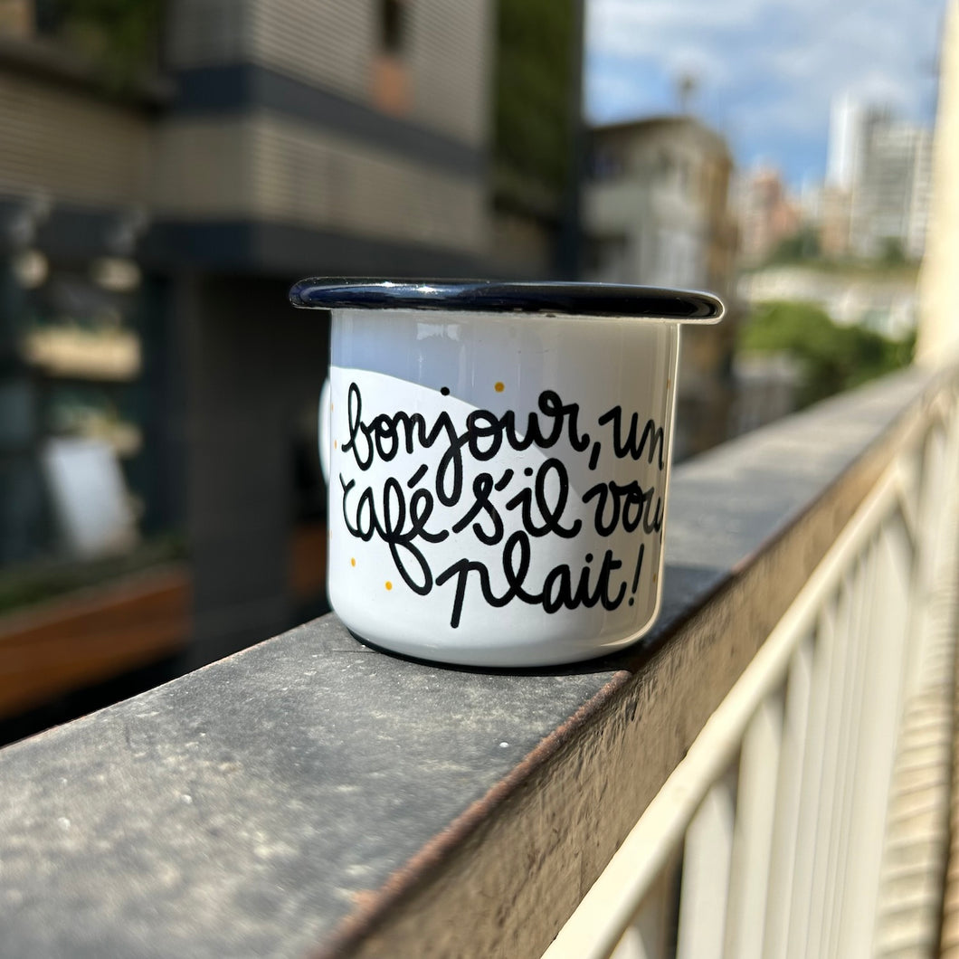 Enamel Espresso Mug Bonjour Un Café SVP